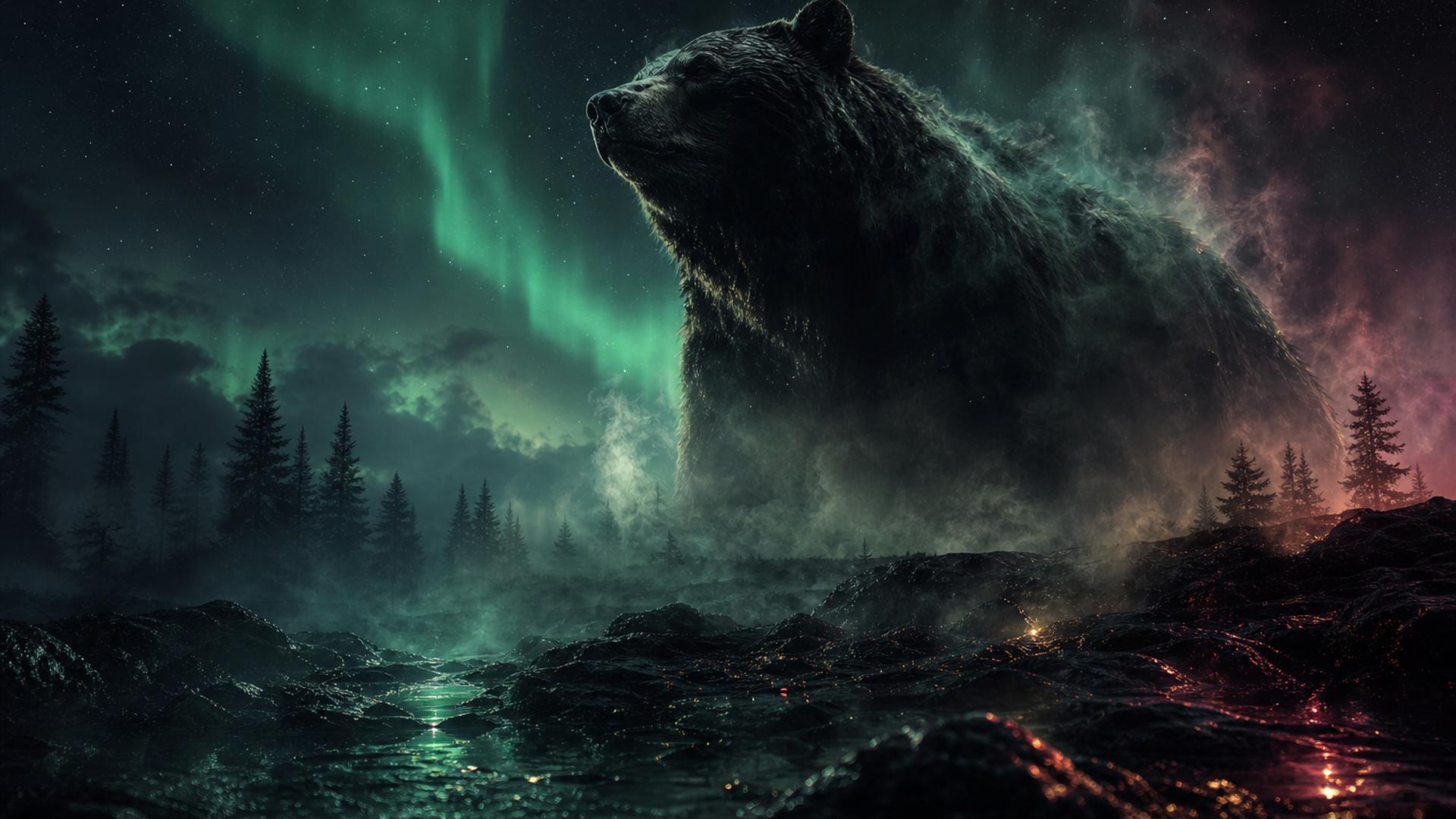 A monumental bear silhouette emerging from a boreal night with aurora energy